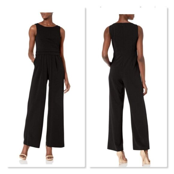 Calvin Klein Sleeveless Scuba Crepe Flat Pleat Waist Jumpsuit size 14 in Black - Picture 1 of 13